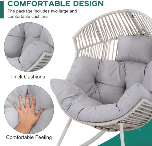 Shintenchi Egg Chair Outdoor, Oversized Outdoor Indoor Wicker Rocking Chair, Large PE Rattan Egg Rocking Chair with Cushion for Patio, Balcony, Backyard, Garden, Light Gray