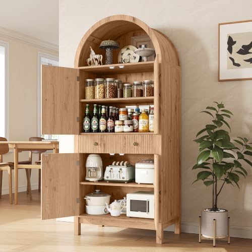 Apicizon 70" Tall Arched Kitchen Pantry Cabinet, 6-Tier Modern Fluted Wood Storage Cabinet with Doors Drawer & Adjustable Shelves, Farmhouse Cupboard Organizer for Dining Room, Bathroom, Natural
