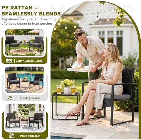 Flamaker 3 Pieces Patio Furniture Set Outdoor Wicker Bistro Chair (Grey)