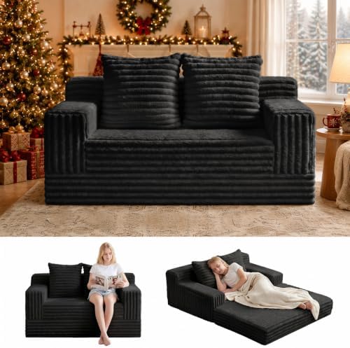 Erament Boneless Loveseat Convertible Sofa Bed, Folding Floor Futon Sleeper Sofa Couch Bed- Boneless Foldable Couch, Corduroy Pull Out Sofa Bed with 2 Pillows for Living Room & Bedroom