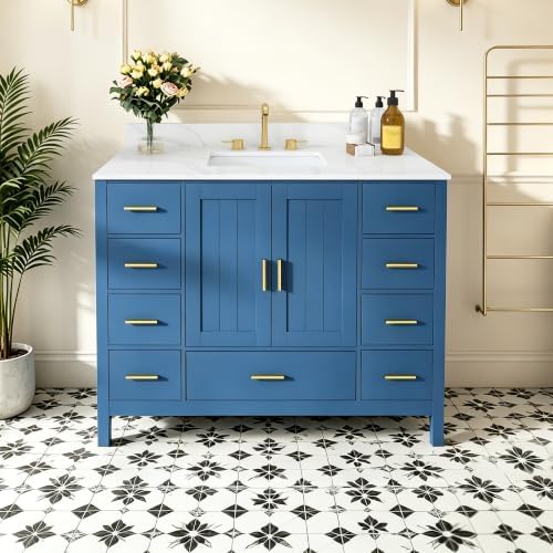 Montary 42" Bathroom Vanity with Sink & 43" Carrara Quartz Top | with 3 Pre-Drilled Faucet Holes, Solid Wood Cabinet, Soft-Close Double Doors & 9 Smooth-Glide Drawers,Blue
