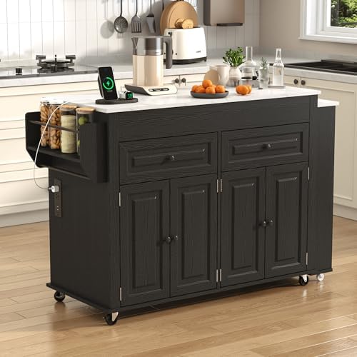 80"-48" Extendable Kitchen Island with Extended Dining Table and Power Outlet,Large Mobile Kitchen Storage Islands with 2 Storage Drawers,Rolling Islands Cart with 3 Extra Rows Open Shelves(Marble Bl)