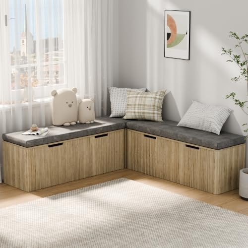 OIGAE L-Shaped Breakfast Corner Storage Bench with Padded Seat, Fluted Backless Dining Nook Bench for Kitchen, Entryway