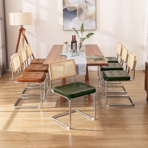 Zesthouse Natural Rattan Dining Chairs Set of 2, Mid Century Modern Dining Room Chairs with Chrome Leg, Faux Leather Kitchen Chair with Solid Wood Back & Cane Mesh, Breuer Cesca Design Inspired, Green