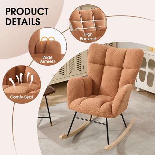 Nursery Rocking Chair, Teddy Upholstered Glider Chair with Thick Cushion, Tufted Gliding Rocker Chair with Wood Leg, Cozy Rocking Armchair, Accent Rocking Chair for Living Room (Kahaki)