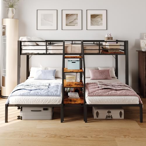 Bonnlo Metal Triple Bunk Bed with Stairs, Twin Over Twin Over Twin Bunk Beds for Kids,Teens and Adults, 3 People Bed, No Box Spring Needed,Black
