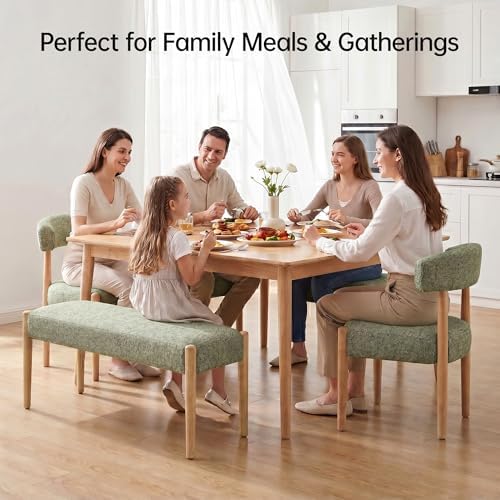 VKNOW Upholstered Dining Room Set for 6, Mid-Century Modern Dining Chairs Set of 4 and Dining Bench with Rubberwood Legs, for Dining Room, Living Room, Kitchen, Green