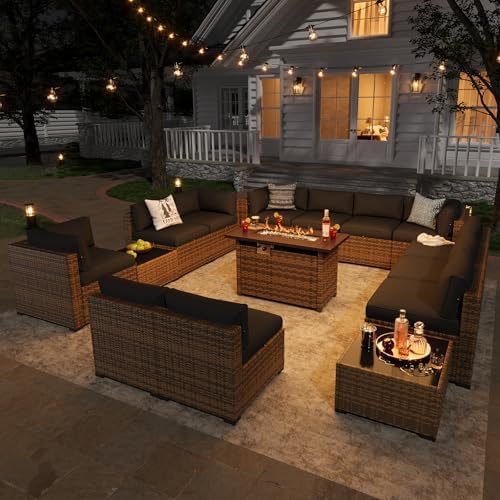 Aoxun Patio Furniture Sets, 15-Piece Outdoor Patio Furniture with 44'' Propane Gas Firepit Table, Wicker Outdoor Conversation Set Sectional Sofa for Backyard, Poolside, Garden