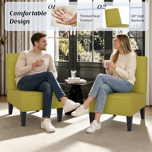 Armless Accent Chairs Set of 2, Green Upholstered Linen Slipper Chair with Solid Wood Legs, Mid Century Modern Side Chairs for Small Living Room Bedroom Apartment Reading Nook
