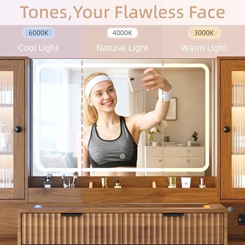 55" Vanity Desk with Mirror & Lights, Fluted Makeup Vanity with 8 Drawers & 4 Cabinets, Tempered Glass Top, RGB Cabinet Lighting, 3-Color Dimmable Mirror, and Charging Station