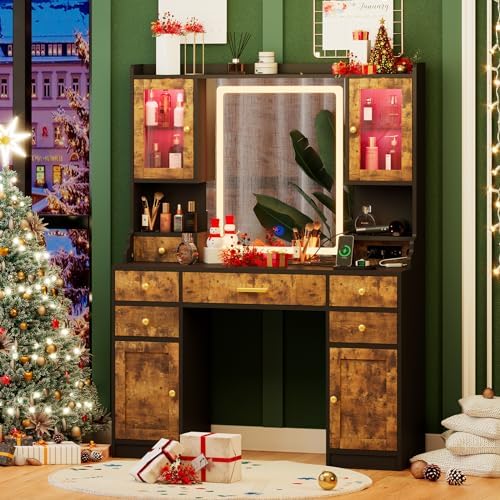 Rustic Vanity Desk with Mirror and Lights in 3 Colors & 2 RGB Cabinets | 3 Colors Makeup Vanity with Charging Station & 6 Drawers, Large Dressing Table with Open Storage Shelves for Bedroom