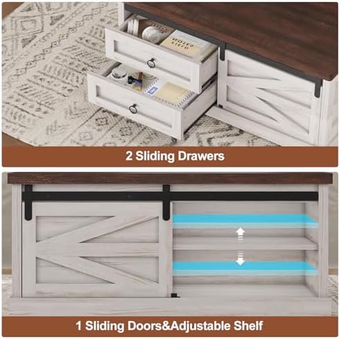 Itaar 39.4'' Lift Top Coffee Table with Storage, Farmhouse Coffee Tables for Living Room, Square Coffee Table with Large Hidden Compartment & 2 Drawers & Adjustable Shelves, Vintage White+Walnut