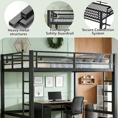 Bellemave Queen Size Loft Bed Frame with 2 Ladder, Sturdy Metal Construction & High Guardrail, Space-Saving Queen Loft Bed for Kids, No Box Spring Needed, Safe for Kids, Adults, Teens, Dorms, Black
