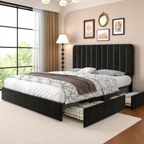 VECELO King Size Upholstered Bed Frame with 4 Drawers and Headboard, Velvet Platform Storage Bedframe, Wooden Slats Support, No Box Spring Needed,Black