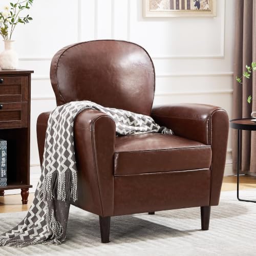 Mid Century Accent Chair Set of 2, Modern Faux Leather Arm Chair, Upholstered Comfy Reading Chair Single Sofa Chairs for Living Room, Bedroom, Club, Dark Brown