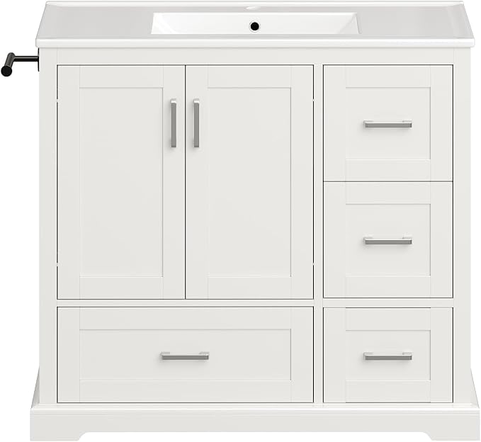 LUMISOL 42 Inch Bathroom Vanity with Ceramic Sink, Freestanding Bathroom Vanity with 4 Storage Drawers, 2 Soft Close Doors, Adjustable Shelf and Door Rack, White