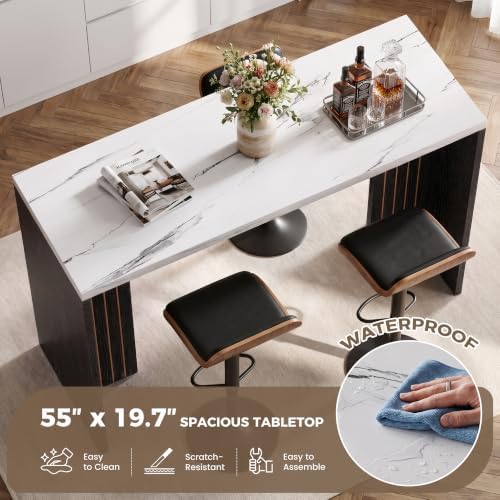 Miereirl 55" Bar Table, Marble Bar Height Table, 36.4" High Pub Table with Thick Tabletop, Narrow Entryway Table Sofa Table, Counter Height Dining Table for Living Room, Kitchen (White and Black