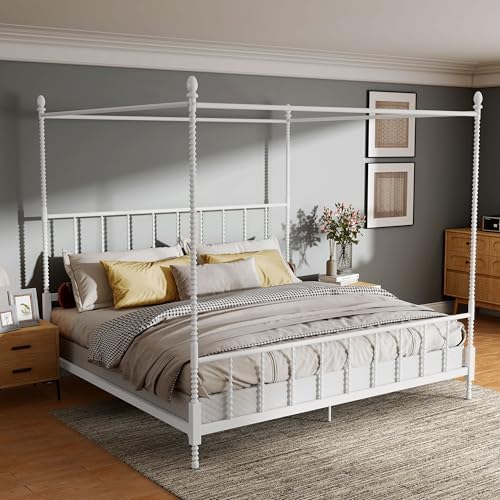 Furniture of America Vaeli Modern Metal King Size Four Poster Bed Frame with Spindles, Canopy Bedframe for Bedroom, Guest Room, Box Spring Required, White