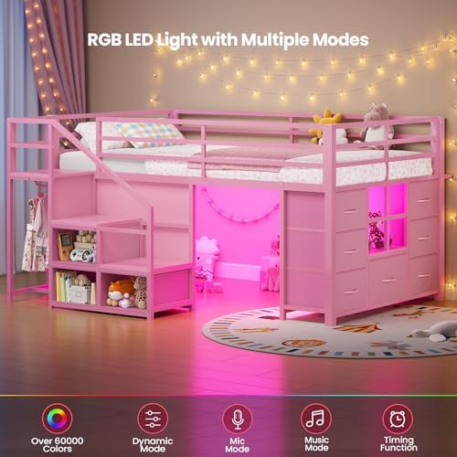 BTHFST Low Loft Bed Twin Size with Stairs,LED Lights,7 Large Drawers, Pink