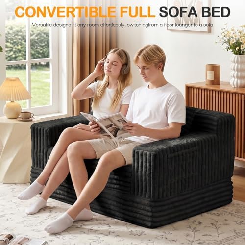 Erament Boneless Loveseat Convertible Sofa Bed, Folding Floor Futon Sleeper Sofa Couch Bed- Boneless Foldable Couch, Corduroy Pull Out Sofa Bed with 2 Pillows for Living Room & Bedroom