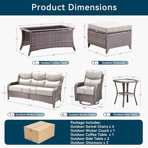 Luxury 10 Pieces Patio Furniture Set, Wicker Swivel Rocker Patio Chairs with 6" Thick Cushion, Outdoor Wicker Sofa with Coffee Table, All Weather Outdoor Conversation for Garden Porch(Brown/Beige)