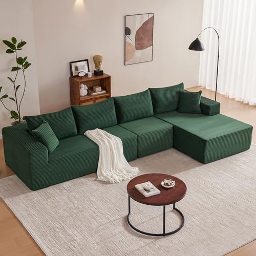Mangodan 140” Cloud Sectional Couch, Boneless Sofa for Living Room, Modular Sectional Sofa with Deep Seat, Comfy Fluffy L-Shaped Couch with Right-Facing Chaise, No Assembly Required, Green