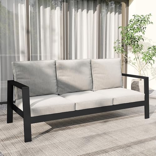 Wisteria Lane Aluminum Outdoor Patio Sofa, High Backrest Metal 3-Seat Outdoor Couch with 5 inch Thick Cushions, Patio Furniture for Deck Porch Garden Poolside, Grey