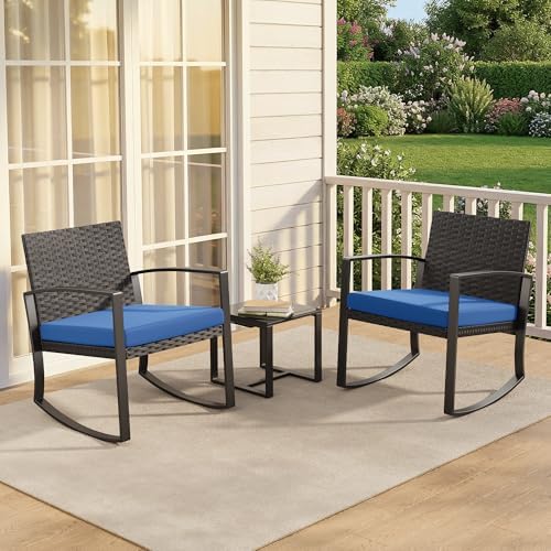 Qsun 3 Piece Patio Bistro Set Patio Furniture Set Outdoor Wicker Rocking Furniture Conversation Set with Tempered Glass Coffee Table for for Front Porch Balcony and Deck (Blue Cushion)