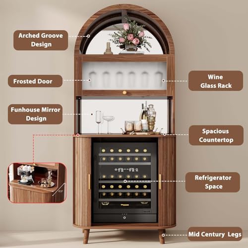 LVB Wine Fridge Cabinet, Arched Bar Cabinet with LED Light, Walnut, 73 Inch