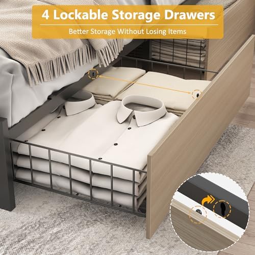 Lifezone Full Bed Frame with 2-Tier Storage Headboard, Metal Platform Bed Frame with 4 Storage Drawers, Built in Charging Station & LED, Noise-Free/Metal Support/No Box Spring Needed, Beige
