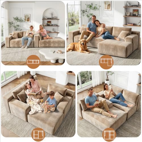 96" L-Cloud Sectional Boneless Couches for Living Room, Corduroy Fabric Modular Sectional Sofa with Chaise, Cloud-Couch Deep Seat Sofa, No Assembly Required, Camol
