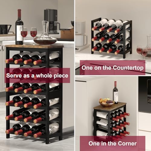 MOGELAFOO 6 Tier Bamboo Wine Rack Freestanding Floor, 24 Bottles Wine Storage Shelves with Table Top, Stackable Wine Display Rack for Kitchen, Bar, Dining Room, Rustic Brown and Black