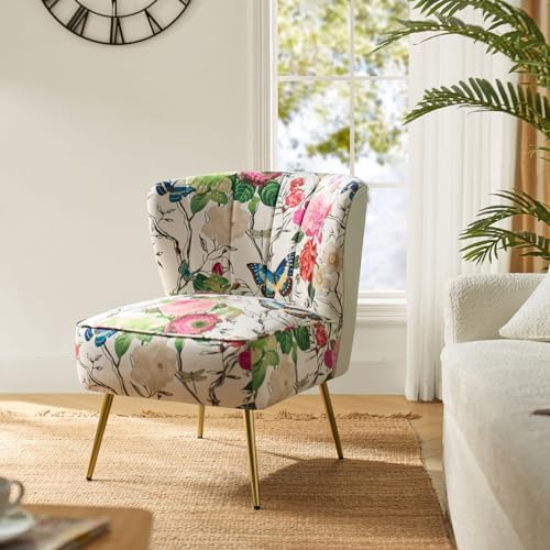HULALA HOME Accent Chair with Golden Metal Legs, Comfy Tufted Wingback Living Room Chair Floral Fabric Small Armless Side Chair, Upholstered Slipper Chair for Bedroom, Reading Room Flower Print