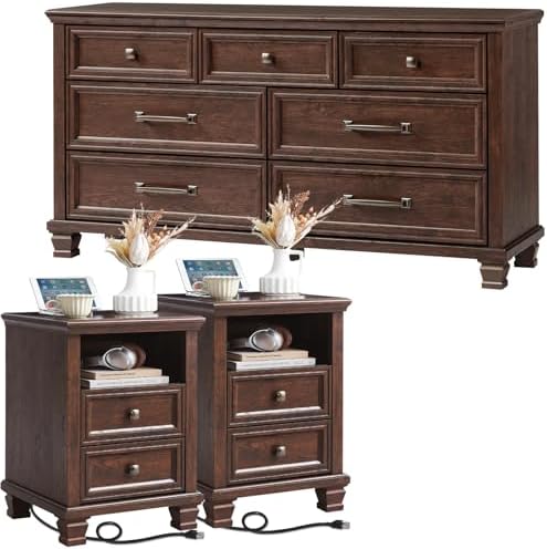 SAVOR LIFE Farmhouse Dresser and Nightstand Sets 3 Piece, Walnut