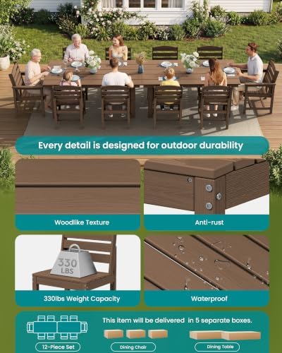SERWALL HDPE Outdoor Dining Furniture, Outdoor Dining Set for 10, Brown