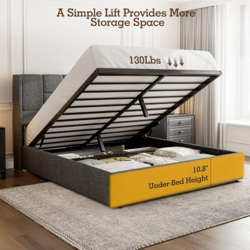 Queen Bed Frame with Hydraulic Gas Lift Up Storage, Linen Upholstered