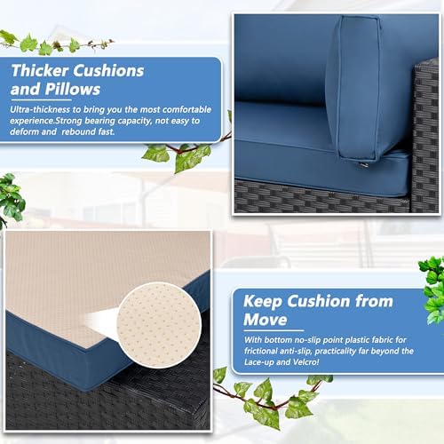 5 Piece Outdoor Patio Furniture Set with Black PE Rattan, Navy Blue