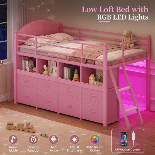 DICTAC Low Loft Bed Twin Size with 8 Drawers, 4 Bookcase & LED Lights, Pink