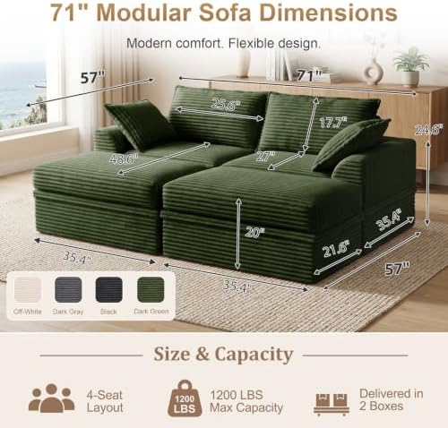 Boneless Sectional Couch with Storage, Upgraded Modular Sofa with Ottoman, Deep Seat Sleep Sofa for Living Room, 4 Seat Memory Foam Modern Corduroy Cloud Sofa with 2 Pillows,No Assembly (71"-Green)
