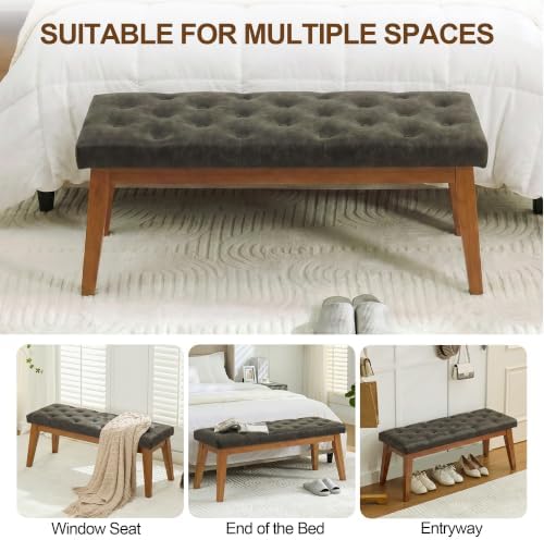 43.5" Padded Button Tufted Faux Leather End of Bed Bench, Charcoal Gray