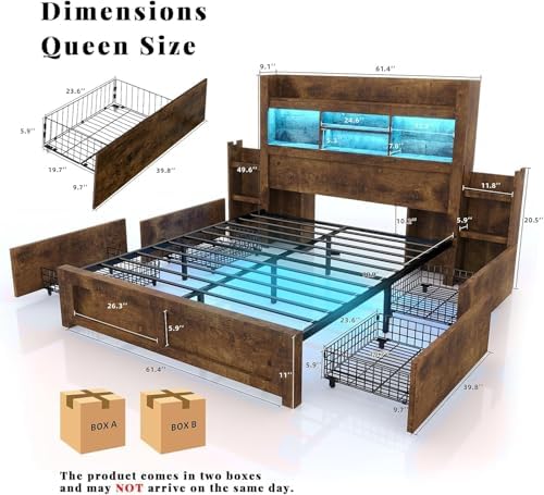 LUXOAK 5-Piece Farmhouse Bedroom Set - Queen Storage Bed & Dresser, Brwon