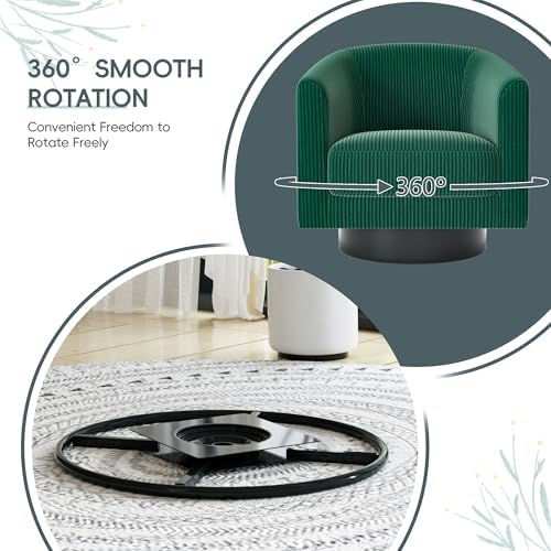 Swivel Accent Chairs Set of 2, 360° Bucket Chair, Modern Upholstered Barrel Armchair, Comfy Corduroy Single Sofa for Living Room Bedroom, Green