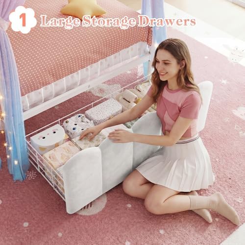 Homkdom Twin Canopy Bed Frame with Drawers and LED Lights & Charging,White