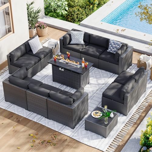 Aoxun 15 Piece Patio Furniture Set with 44” Fire Pit Table Wicker Patio Sectional Sofa Set Outdoor Seating Furniture with Thickened Cushion, Black