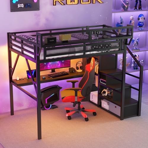 KEIKI Full Size Metal Loft Bed Frame with Desk, Staircase, Built-in Storage Shelves and Wardrobe, Modern Loft Bed with Solid Slats, Guardrail, No Box Spring Required, Easy Assembly, for Bedroom, Black