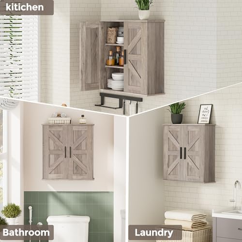 Homleke Bathroom Wall Cabinet, Medicine Cabinet with Adjustable Shelves | 3-Tier Wall Mounted Over Toilet Storage with Barn Doors, for Bathroom, Kitchen, Entryway, Laundry Room, Greige, (7.9" D)