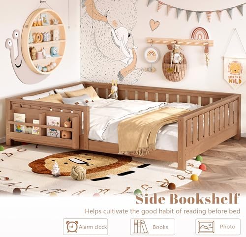 Bellemave Queen Size Floor Bed with Slats and Guardrails, Queen Size Montessori Floor Bed with Bookcase and Fence, Low Profile Montessori Beds for Kids, Natural Floor Beds Frame