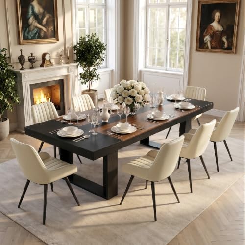 Miereirl 9-Piece Modern Farmhouse Dining Table Set, 86.6" x 47.2" Sturdy Stable Dining Table with 8 Chairs, Rectangular Kitchen Table Set for 8,(Black & Walnut Table+8 Beige Chairs)