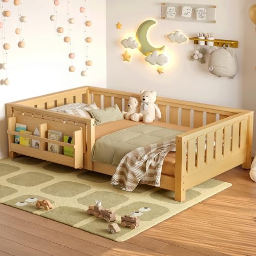 Bellemave Twin Floor Bed with Slats and Safety Guardrail, Twin Size Montessori Floor Bed with Fence and Built-in Bookshelf, Easy Assemble Montessori Beds for Kids, Girls, Boys, Light Natural