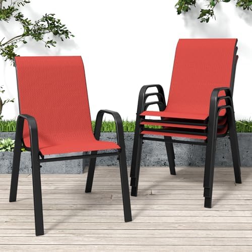 Red Patio Chairs Set of 4, Stackable Outdoor Dining Chairs for All Weather Textilene Fabric & Metal Frame, Outdoor Chairs Set for Backyard Deck Garden